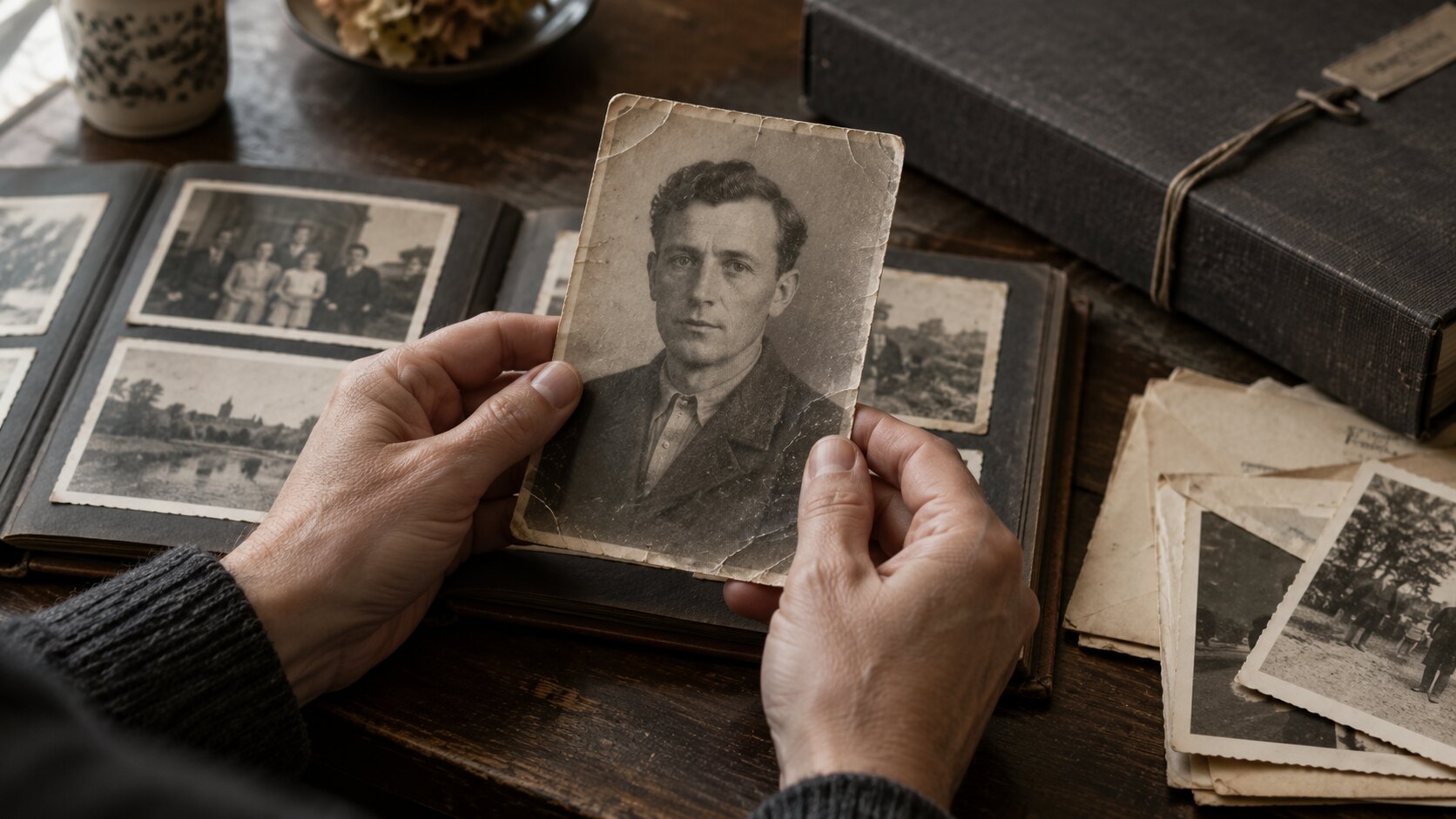 Dłonie trzymające portret ojca nad albumem z rodzinnymi fotografiami